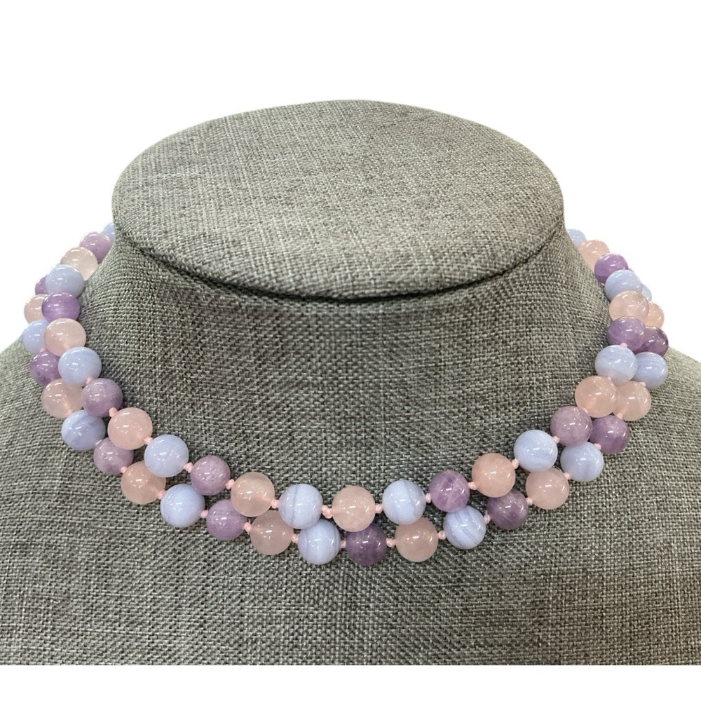 Stone necklace hand knotted Amethyst, Lace Agate, pink‎ quartz bead continuous